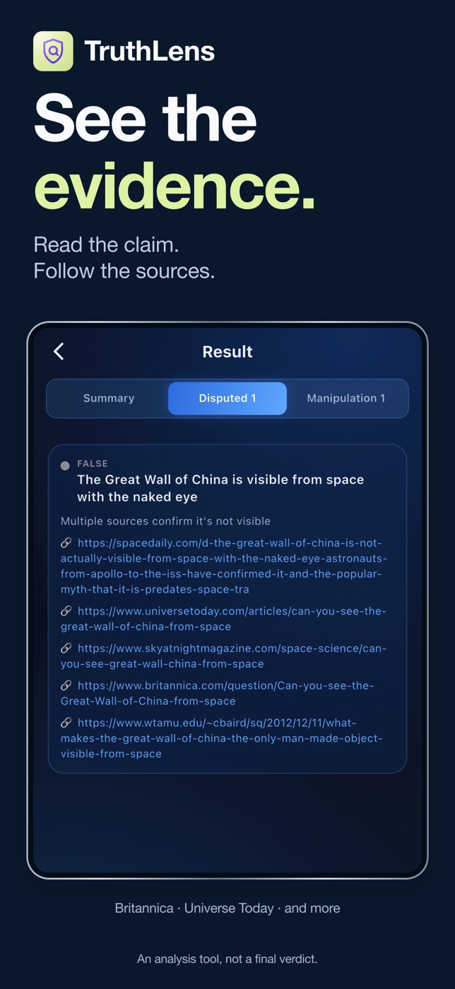 TruthLens app — inspect claims and supporting sources