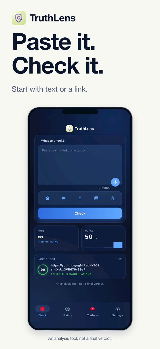 TruthLens app — paste text or a link and check it